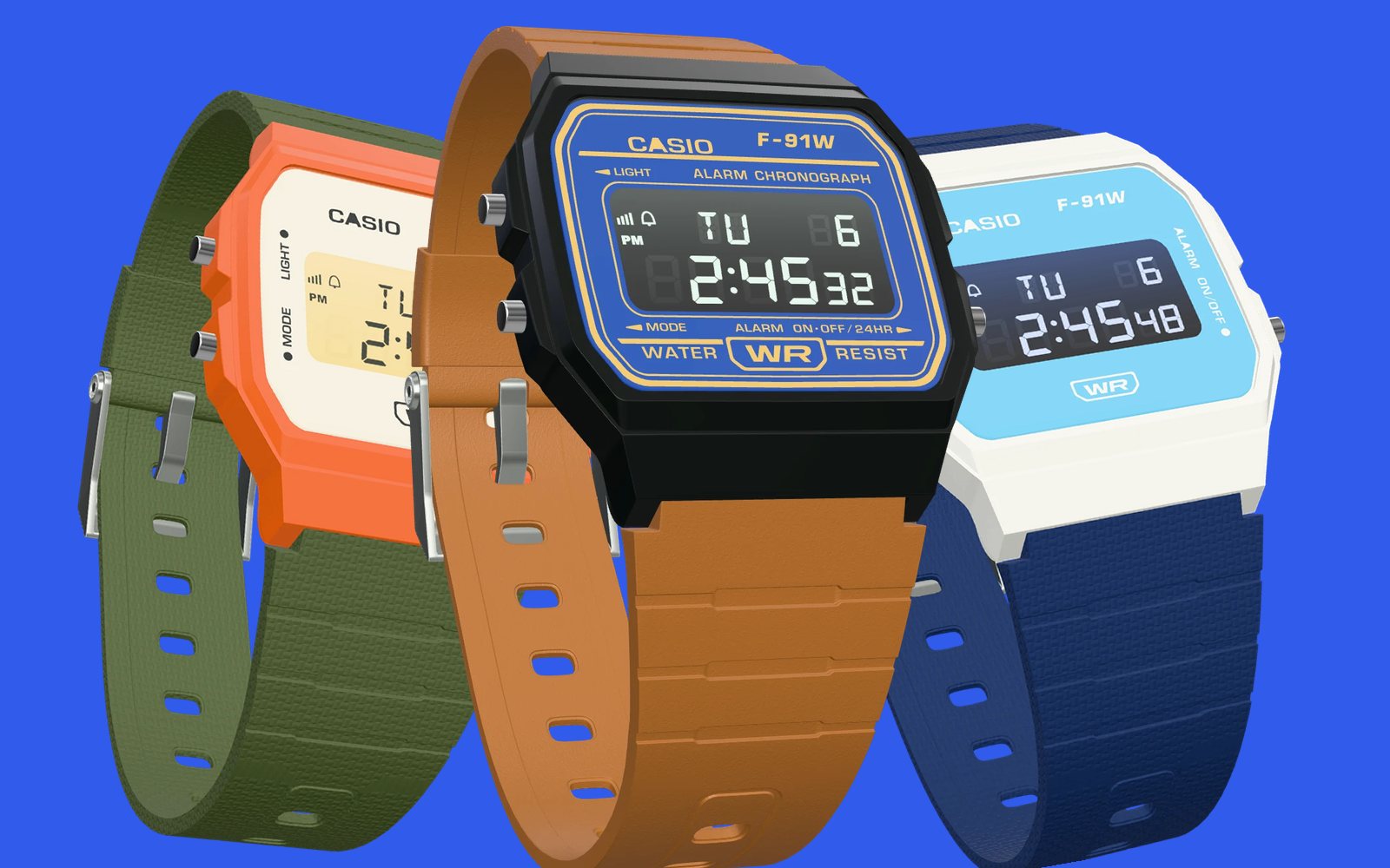 Three customized Casio F-91W watches with a navy faceplate, a cream faceplate and a sky blue faceplate on leather and nylon straps